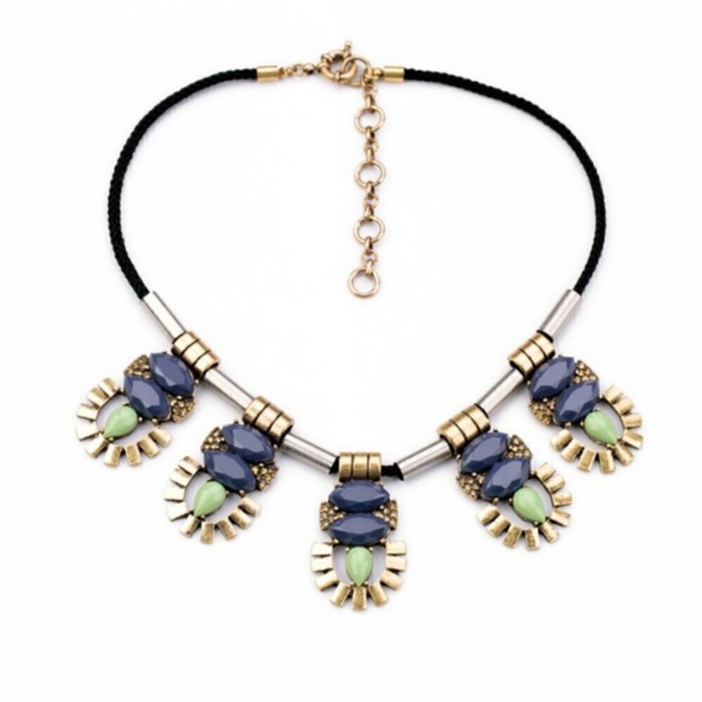 Blue gold Crystal flower statement necklace